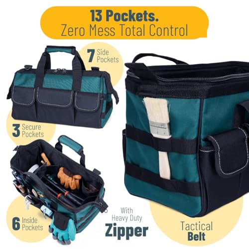 Garden Tool Bag Organizer ? 13 Pocket Heavy-Duty Gardening Tote with 7 Outer & 6 Inner Compartments, Anti-Slip Base, Adjustable Shoulder Strap & Belt ? Garden Organizers and Storage (Green)