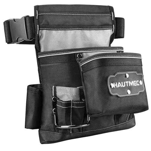 HAUTMEC Heavy Duty Framing Tool Belt Electrician Tools Pouch Organizer Work Belts, 12-Pocket 1680D Tool Bag with Waist Strap Hammer Holder and 360¡ÆReflective Strips, Black & Gray