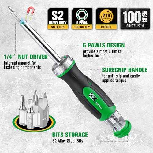 SK 7-in-1 Ratcheting Screwdriver, 216-P, 6 Bits (Phillips, Star, Slotted), 1 Nut Driver Size (1/4 Inch), S2 Steel, SureGrip Handle