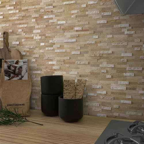 SUNWINGS Peel and Stick Mosaic Natural 3D Stone Self Adhesive Tiles, 12" x 11" 5-Sheet Stick on Backsplash for Kitchen Bathroom Fireplace Vanity, Beige