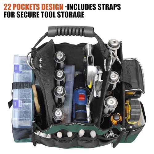 Open Top Tool Bag 15 Inch, Electrician Tool Bag with 22 Pockets, 25L Tool Bags for Men with Shoulder Strap & Reflective Strips, 1680D Waterproof Fabric, Green