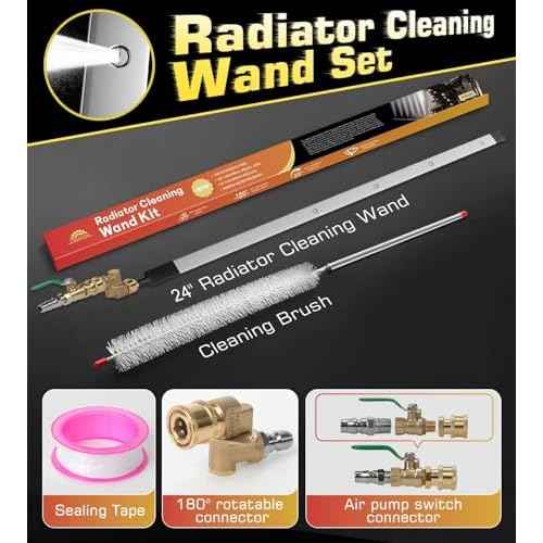24" Radiator Cleaning Wand for Car,Truck and Other Vehicles,Water and Air Dual-Use 4500 PSI Pressure Washer Tool With 25¡Æ Fan Nozzles,2 Connectors,Cleaning Brush,and Sealing Tape