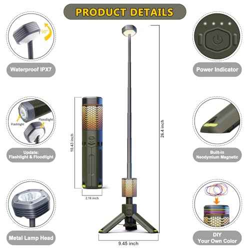 Camping-Lights-Rechargeable,Outdoor Telescopic-Collapsible-Lanterns with 2 Light Sources Mobile Lighting 10500mAh Battery Flash Light & Road Lamp for Adventure/Hiking/Camping(Military Green)