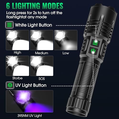 AdamStar UV&High Lumens Flashlight Rechargeable, 2-in-1 Powerful Blacklight LED Flashlight Tactical 6 Modes Super Bright Waterproof Zoomable Detector for Pet Urine Curing Resin Camping