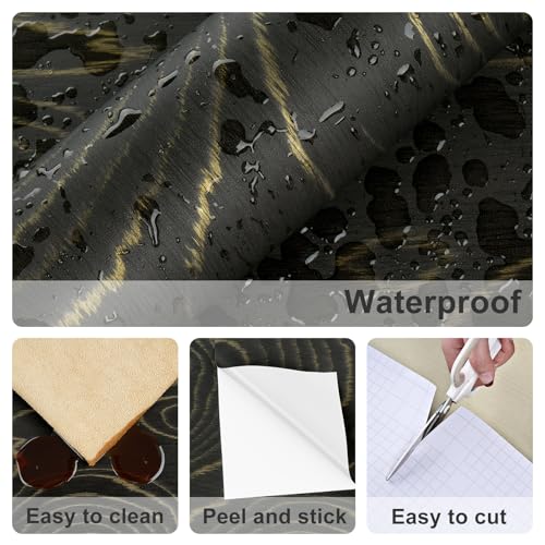 Black Wood Contact Paper for Countertops Gold Growth Ring Wood Wallpaper Removable Self Adhesive Vintage Stick on Wallpaper for Cabinets Table Walls Wooden Grain Wall Covering 15.75"x78"
