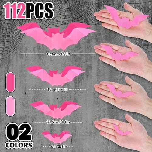 Whaline 112Pcs Halloween Wall Decoration 3D Bats with Foam Adhesive Pink and Rose Red Waterproof Spooky Bats Stickers Hocus Pocus Party Supplies for Halloween Home Wall Window Door Decor, 4 Sizes