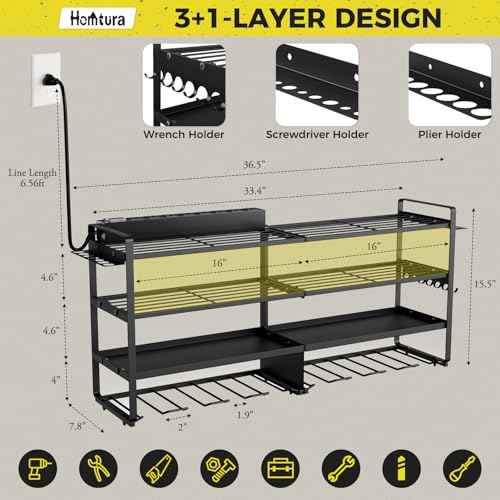 1 Pack Power Tool Organizer Wall Mount with 8 Outlet Power Strip, 4-layer Heavy-duty Metal Tool Storage Rack, Maximum Load of 400lbs, Garage Organization with 4 Racks and 8 Cordless Drills