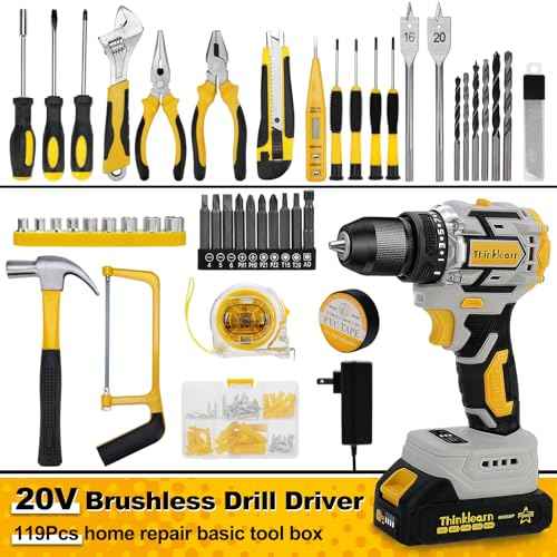 119 Pcs Cordless Drill Tool Kit Set; 20V Brushless Power Drill with 2.0Ah Battery, 10mm 3/8" Keyless Chuck, 60N.M & 21+1 Torque Setting Power Tool Set for DIY Garden House Office Repai