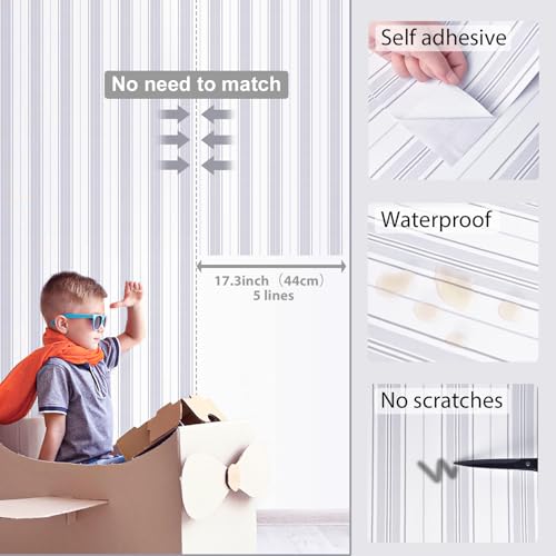 Gray and White Peel and Stick Wallpaper Modern Boho Contact Paper Cabinet Grey Stripe Removable Waterproof Wallpaper Bathroom Bedroom Self Adhesive Line Farmhouse Contact Paper 17.3inW 78.7inL