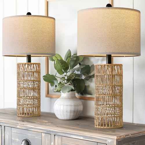 OYEARS 22.5" Boho Table Lamps Set of 2 for Living Room, Bedside Lamp for Nightstands, Rattan Lamp for Bedroom, Farmhouse Table Lamp for Room Decor, End Table, Retro, Brown£¨Not Include Bulbs£©
