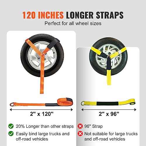 VEVOR Car Tie Down Straps Kit, Lasso Style 2" x 120" Tire Straps, 5512 LBS Working Load, 11023 LBS Breaking Strength, with Flat Hooks for Passenger Car, ATV, Motorcycle, Van, SUV, UTV, Trailer, 4-Pack