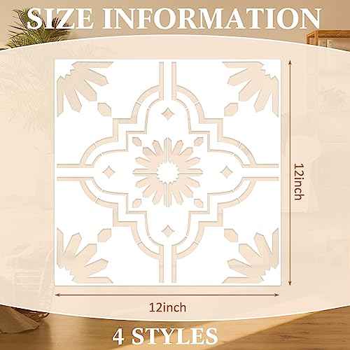 Zonon 4 Pieces Reusable Tile Stencil Floor 12 x 12 Inches Wall Templates Tile Pattern Stencil Drawing Templates for DIY Scrapbooks Wall Floor Fabric Decors(Trendy Style)