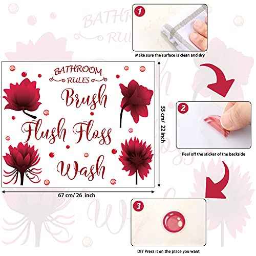 Set of Bathroom Wall Decals Stickers Wash Brush Flush Floss Bathroom Rules Wall Decor Sticker Waterproof Flower Sign Decals for Kitchen Home DIY Decorations