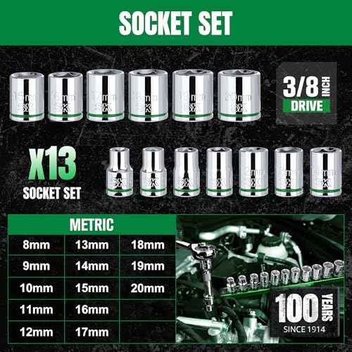 SK 3/8" Drive Socket Set, Metric Sockets, 13-Piece 8-20mm, SuperKrome Finish, Premium CR-V Construction, with Aluminum Socket Organizer
