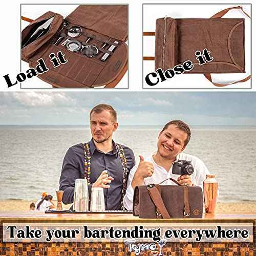 Bartender tool bag waxed canvas water resistant adjustable shoulder straps genuine leather handles 16 pockets holds 33oz bottle mobile travel design - Bag ONLY