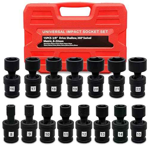 Universal Swivel Impact Socket Set, Premium Cr-Mo Steel | 15-Piece Metric 8mm - 22mm Set | 6 Point | 3/8-Inch Drive