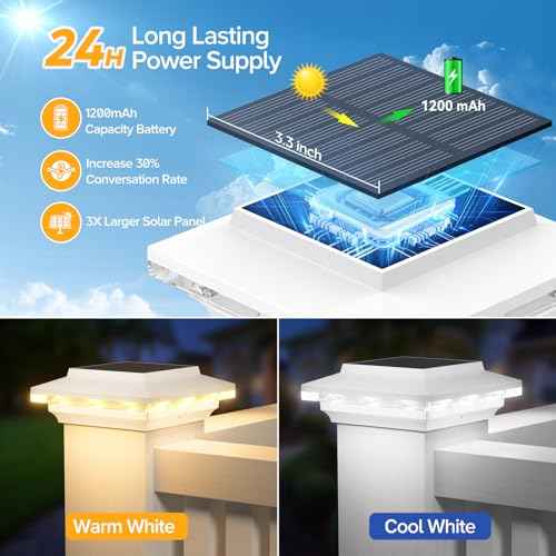 4x4 Solar Post Cap Lights Upgraded, Brighter and Extended Beam to Light Post Fence Deck with Warm/White Lights, Waterproof Outdoor Posts Solar Lights for Patio Porch Vinyl/Wooden Posts 8 Pack