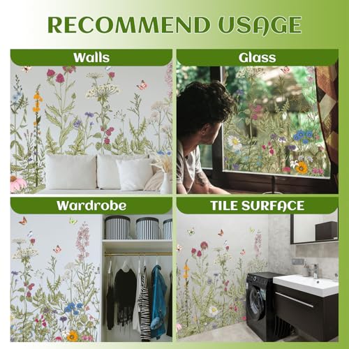 Poppy Flower Wall Stickers Bird Butterfly Wall Decor Decals Peel and Stick Floral Wall Home Glass Window Art Decor for Bedroom Living Room Offices Home Decoration