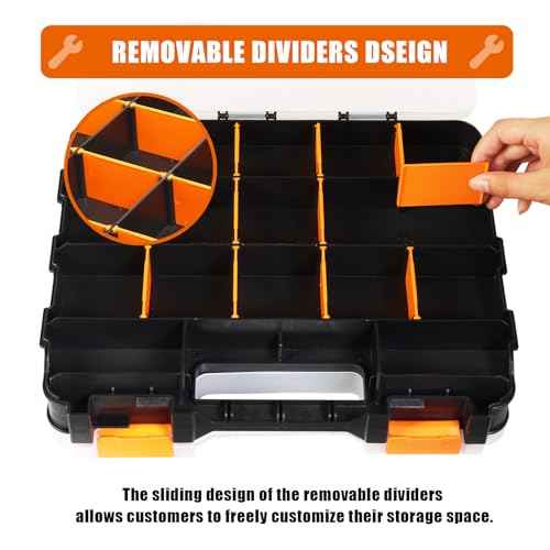 TCE AG322U Torin Double Sided Tool and Hardware Storage Box: Portable Small Parts Organizer with Removable Plastic Dividers for Tools, Small Items and Jewelry, Black/Orange