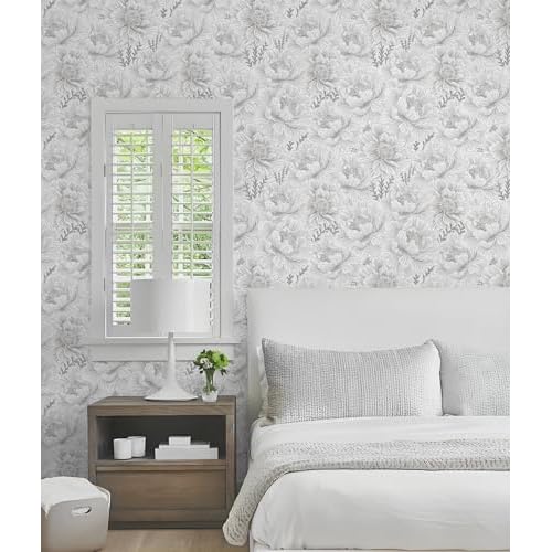 GloryTik Floral Peel and Stick Wallpaper Boho Grey and White Contact Paper Modern Self Adhesive Removable Wall Paper for Bedroom Bathroom Cabinets Renter Friendly Wallpaper Vinyl Roll 17.3" X 197"