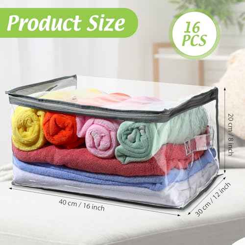 Windyun 16 Pack Clear Storage Bags with Zipper and Handle for Clothes Heavy Duty Plastic Blanket Clothes Moving Bags Cloth Bins for Blanket Comforter Clothing Toys (Grey Edge)