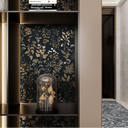 Dimoon 78.7"x16.1" Delicate Floral Peel and Stick Wallpaper Black Golden Thicken Waterproof Leaf Vintage Flower Contact Paper Self Adhesive Wallpaper Removable, Shelf Liner Decal Vinyl Roll