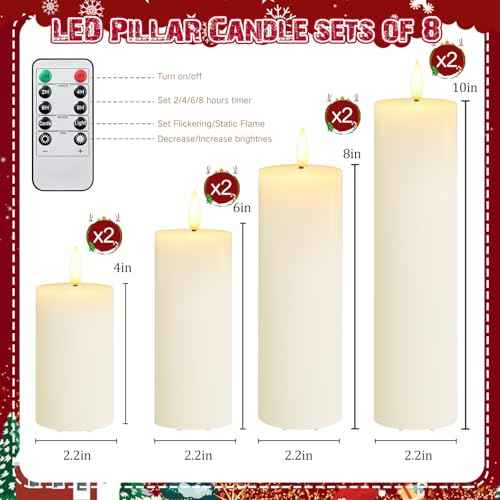 Retisee 8 Pcs Christmas LED Flameless Pillar Candles with Remote Battery Operated 3D Wick Flickering Fireplace Candle Indoor Decoration for Fall Christmas Winter, Ivory (4,6,8,and 10 Inches)