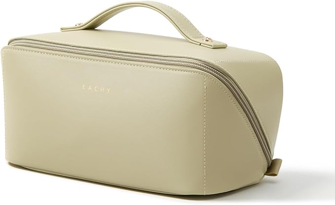 EACHY Travel Makeup Bag, Large Capacity Cosmetic Bag for Women, Waterproof PU Leather, Flat Open Portable Toiletry Bag for Skincare, Brushes & Travel Essentials