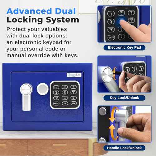 SereneLife Premium Steel Digital Safe Box - 9.1" x 6.7" x 6.7" | Secure Storage for Cash, Firearms & Jewelry | Great For Hotels, Cabinets & Home Use | Electronic & Mechanical Access | 2 Keys | Blue