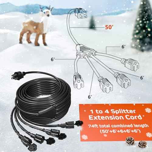 Eversimpleinc Black 1 to 4 Splitter Extension Cord (Combined 74 FT, End to End 56 FT), 3 Prong Plug with 4 Extended Outlets, with Weatherproof Covers for Indoor and Outdoor