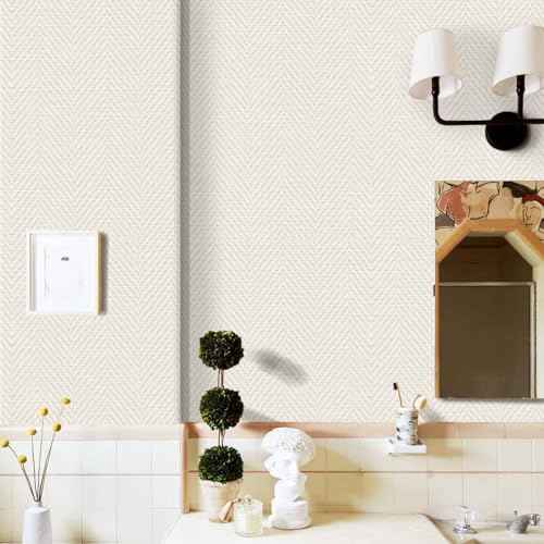 Rugreat Striped Grasscloth Wallpaper Peel and Stick Textured Grass Cloth Contact Paper for Cabinets Herringbone Fabric Wallpaper for Bedroom Beige Faux Linen Contact Paper Removable 78.8inL 17.3inW