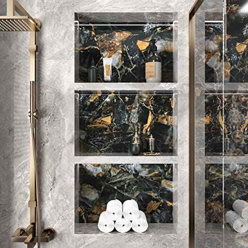 Wallercity Glossy Black/Gold Marble Wallpaper for Backsplash Peel and Stick Countertops Self Adhesive Wall Paper Sticker Waterproof Kitchen Marble Contact Paper for Cabinets Shelf Liner 15.8''x78.7''