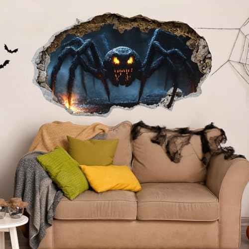 3D Halloween Spider Wall Decal, Giant Scary Spider Wall Sticker, 26.37x15.74 inches, Spooky Home Decoration