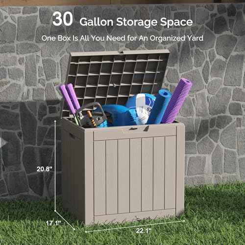 Sersper 30 Gallon Deck Box, Outdoor Lockable Storage Resin Box for Package-Sports Equipment-Garden Tools, Waterproof and UV Resistant Patio Storage Box, Grey