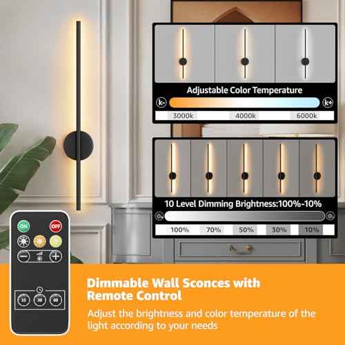 Battery Operated Black Wall Sconce , USB Rechargeable Wall Lights with Remote Control, 1 Pack Dimmable LED Wall Lamp Indoor, 360¡Æ Rotation Wireless Lights for Living Room Bedroom Hallway, 31.5 inch