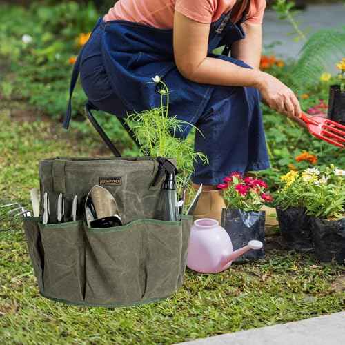 Denifiter Professional 16oz Waxed Canvas Garden Tool Tote - Extra Large Waterproof Storage with 8 Pockets & Reinforced Base | Durable Carrying Case for Gardening, Landscaping & Outdoor Work