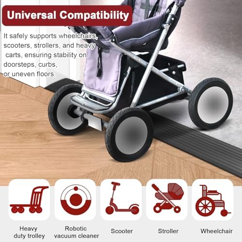 Threshold Ramps for Doorways Self-Adhesive Natural Rubber Power Wheelchair Ramp Adjustable & Cuttable, for Doorways,Sweeper, Power Scooters, Bathroom (Black, 3” Wide x 6.6' Long)