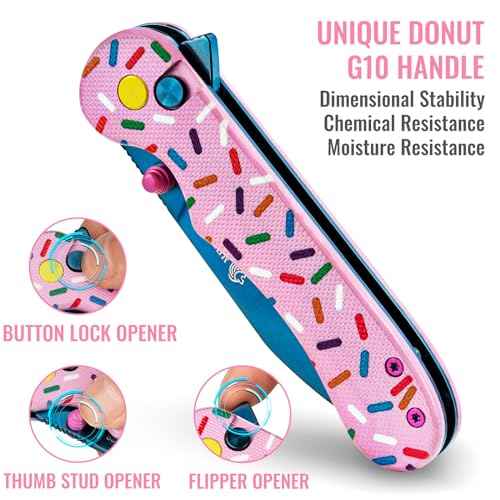 NedFoss DONUT Pink Pocket Knife for Women Men, 2.9" Blade Small EDC Knife, 14C28N Steel Button Lock Knife, Unique Donut Design G10 Handle Folding Knives