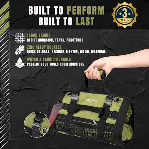 Tool Roll Bag with Metal Quick Release Buckle | Heavy Duty Tool Roll Bag Organizer | Canvas Roll-Up Organizer | Mechanics & Motorcycle Tool Bag Detachable Pouches | Roll Up Tool Bag Organizer