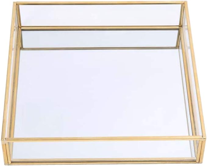 Sooyee Gold Square Mirror Tray, 8"x8" Metal and Glass Decorative Tray for Jewelry, Perfume, Makeup, Vanity, Dresser, Bathroom, Bedroom, Office, Coffee Table