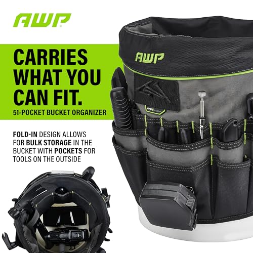 AWP Bucket Tool Organizer 51-Pocket for 5-Gallon Buckets, Water-Resistant Heavy-Duty Utility Tool Bag with Pockets for Tools, Screwdrivers, and Electrical Accessories, 1L-22051-1