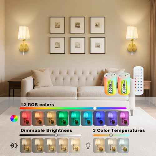 Battery Operated Wall Sconce Set of 2, 10000 Mah Rechargeable Wall Sconces Dimmable 12 RGBS,Remote Wireless Sconces,Gold Sconces Wall Decor Set of 2 Fabric,Cordless Wall Lamp for Bedroom,Living Room