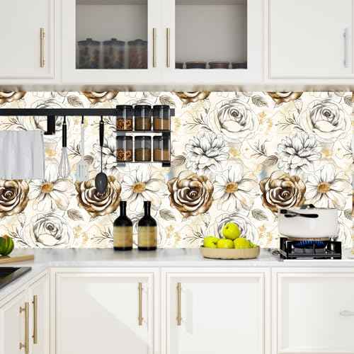 Beige Floral Peel and Stick Wallpaper Vintage Blue Contact Paper Brown Flower Wall Mural Home Vinyl Waterproof Self Adhesive Removable Renter Friendly Wall Paper 17.5" x 118"