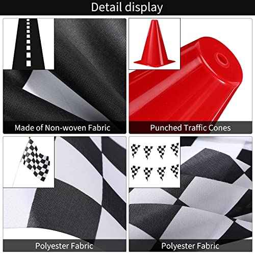 Skylety Traffic Cones and Racing Checkered Flags Set-include 12 Plastic Traffic Cones,12 Flags with Sticks,31 ft Checkered Pennant Banner and 9.8 x 2 ft Racetrack Floor Running Mat