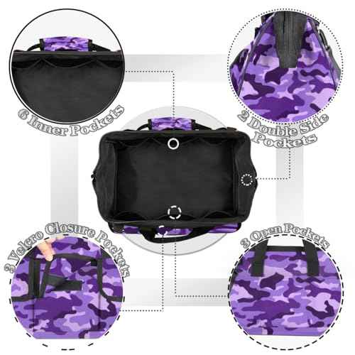 Purple Camouflage Tool Bag for Men Women Multi-Pockets Wide Mouth Tool Storage Bags 14.8 Inch Waterproof Heavy Duty Tool Bag Organizer for Electrician Mechanic Plumbers Handymen