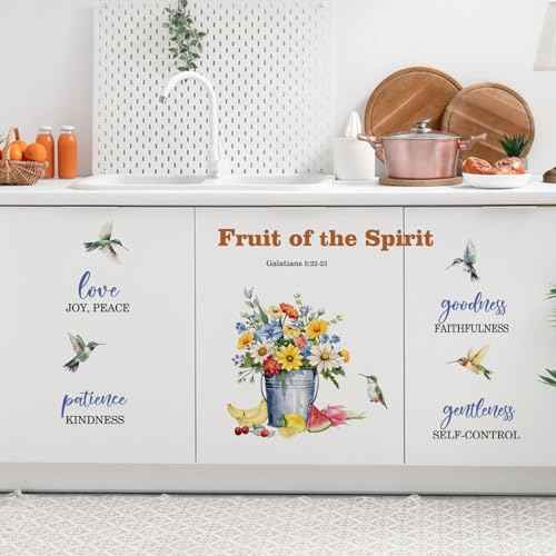 Yovkky Fruit of The Spirit Spring Flower Birds Inspirational Wall Decals Stickers, Motivational Quote Hummingbird Daisy Floral Home Bedroom Decor, Positive Bucket Living Room Kitchen Decorations