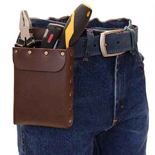 Hide & Drink, Riveted Squared Tool Pouch for Waist Belt, Heavy Duty Case, Rustic Tool Organizer, Full Grain Leather, Handmade, Bourbon Brown