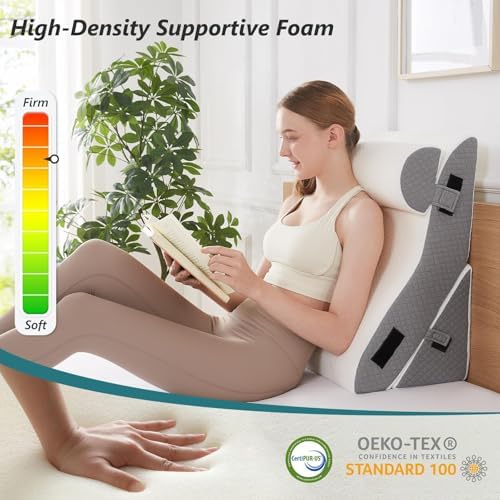 Bed Wedge Pillow Set for Sleeping 3 PCS - 16.5" Wide Triangle Pillow for Back Leg Pain Relief with Washable Cover - 35D Foam Wedge Pillow Post Surgery for Acid Reflux & Snoring (White Grey)