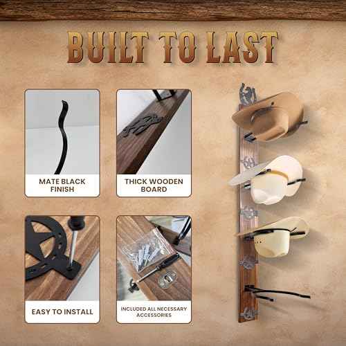 VOYX Cowboy Hat Rack Wall Mount ? Rustic Wooden Board with 4 Western Hooks ? Metal Horseshoe & Star Decor ? Hat Hanger for Entryway, Bedroom, or Ranch ? Includes Screws & Anchors