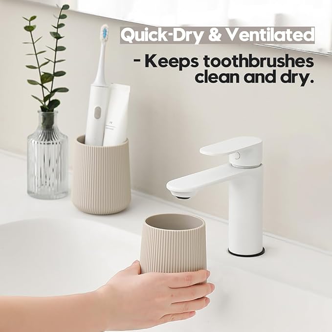 YAUKPH Beige Striped Toothbrush Holder for Electric Toothbrushes Bathroom Organizer Cup for Toothpaste Kids & Adults